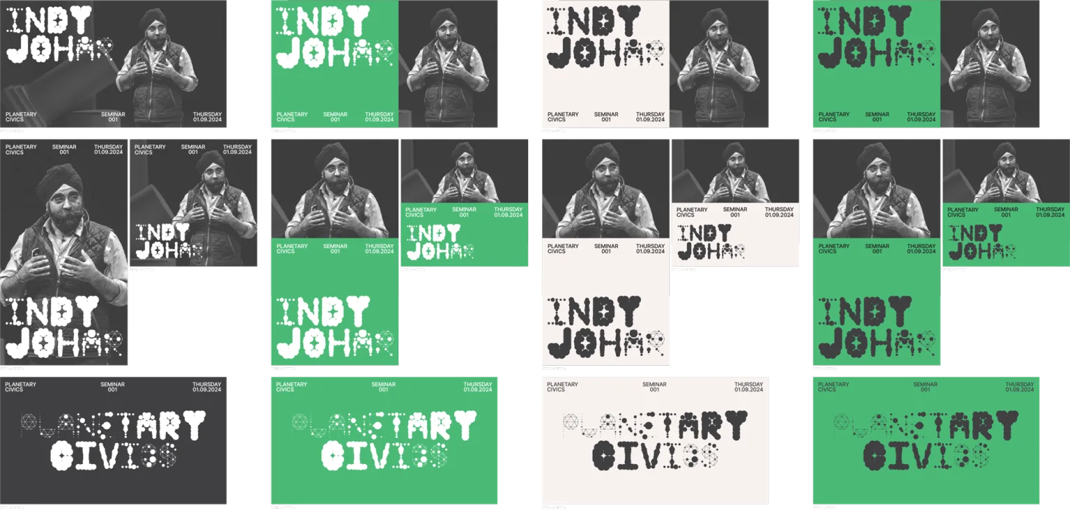 A grid of seminar posters and social media tiles for Planetary Civics Seminar 001 with Indy Johar, in dark grey, green and off-white, with names set large in the PCI font.