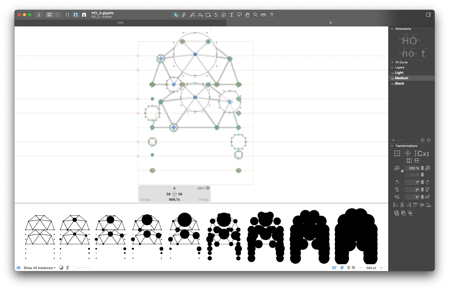 The letter A of the PCI font in the Glyphs editor, with a row of nine weights below it running from a thin wireframe of dots and lines to a solid, heavy form.
